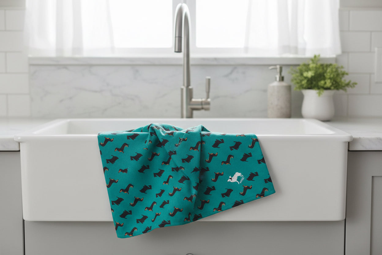 Bright petrol blue organic cotton tea towel shown draped over a kitchen sink 