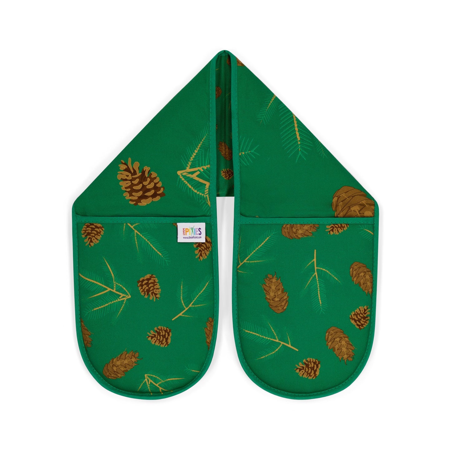 A pair of green double oven mitt with illustrations of Douglas fir cones and spruce sprigs on a plain white background.