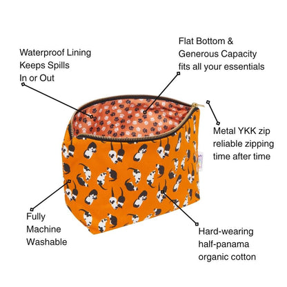 Orange pouch with black and white cats pattern, labeled features on a white background