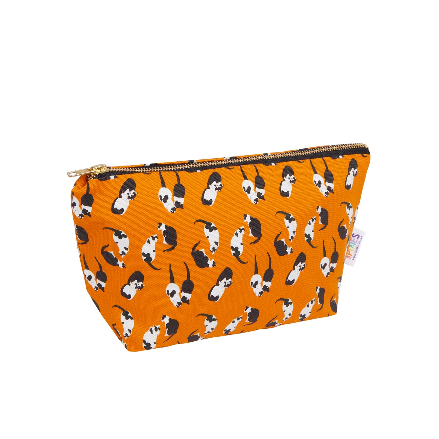 Vibrant orange zipped bag with black and white cat illustrations 