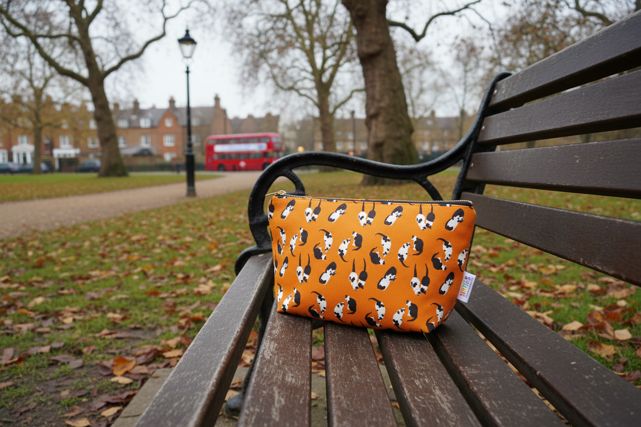 Vibrant orange cats design bag. Great for carrying out and about. Shown here on a park bench. 