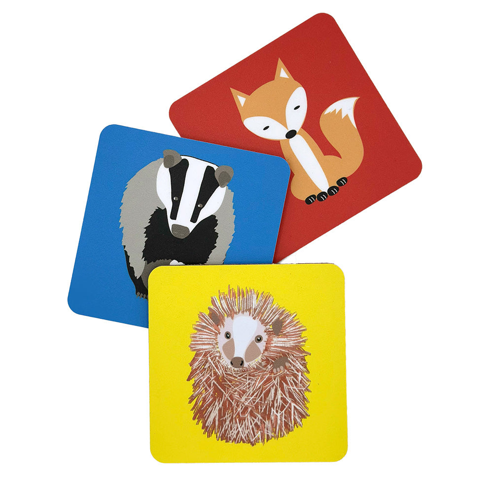 3 wildlife coasters from UmmPixies: badger, hedgehog and fox