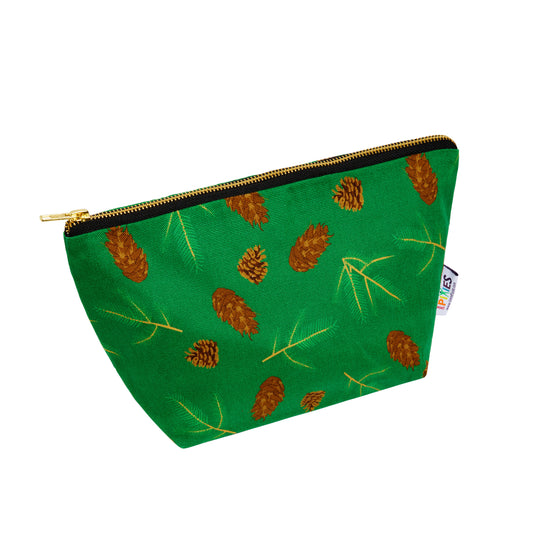 Green pouch with pine cone pattern on a white background