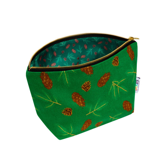Green pouch with pine cone pattern on a white background, shown open revealing printed waterproof lining