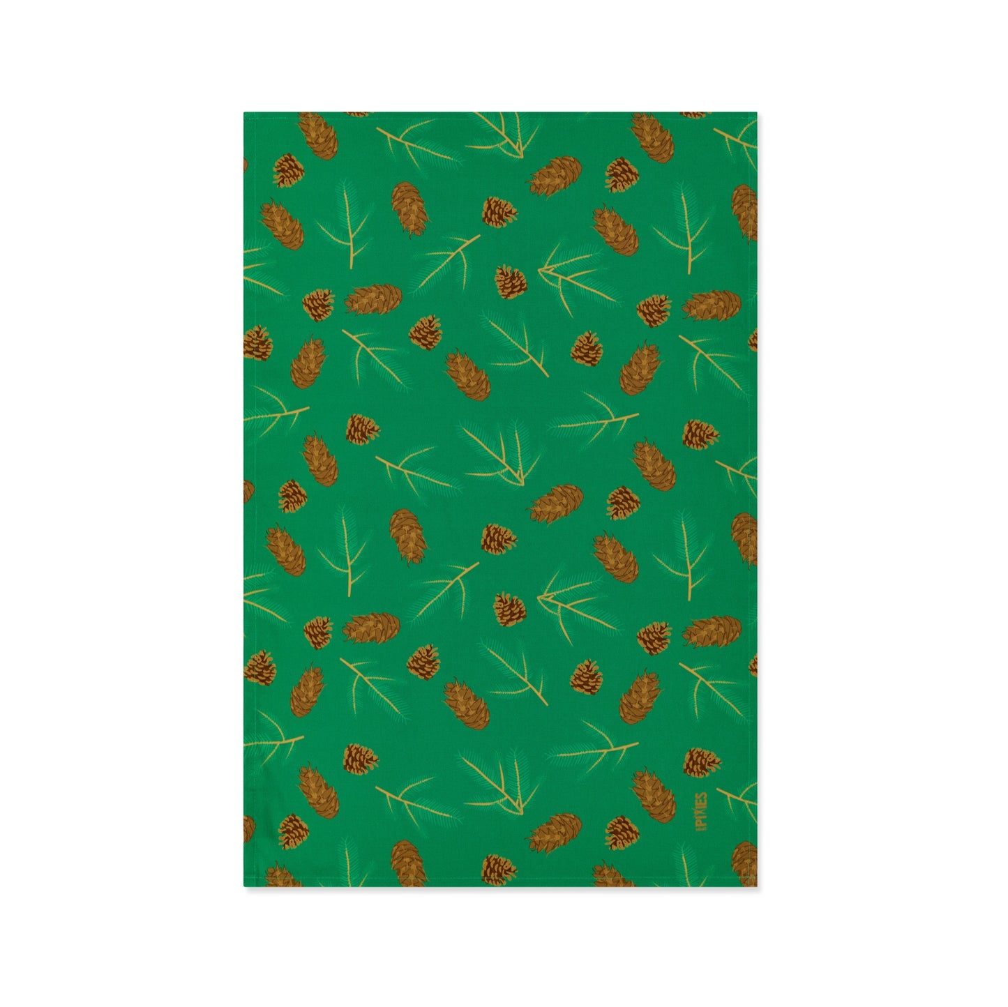 Green Organic Cotton Tea Towel with illustrated Douglas fir cones and spruce sprigs shown lying flat on a white background