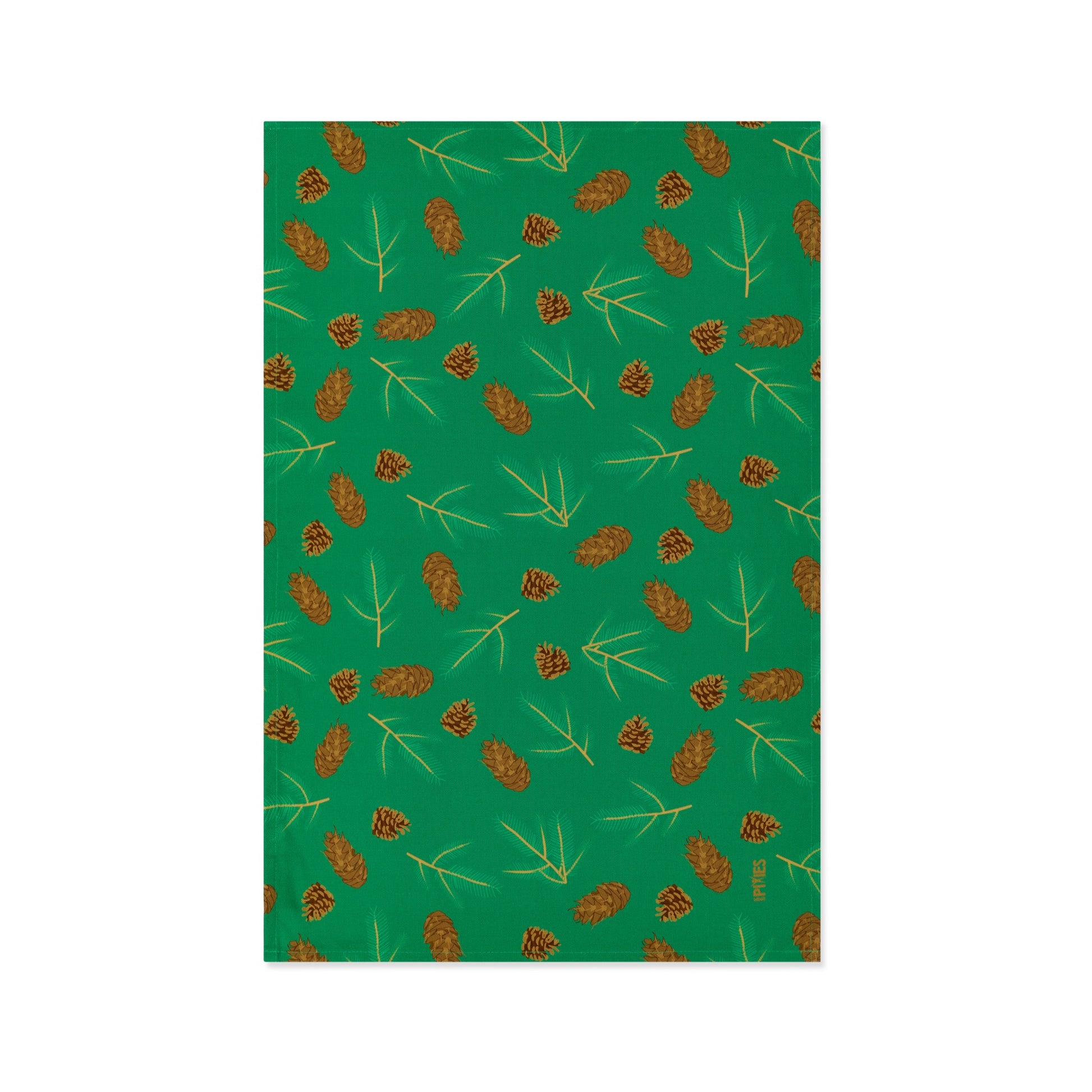 Green Organic Cotton Tea Towel with illustrated Douglas fir cones and spruce sprigs shown lying flat on a white background