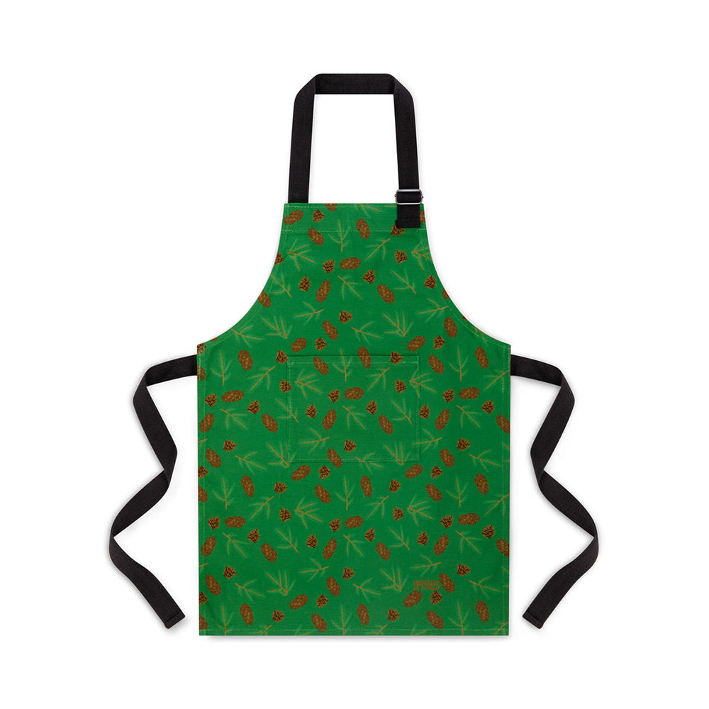 green organic cotton apron featuring Ummpixies illustrations of spruce and fir cones. younger child size shown suitable for up to 5 years old 