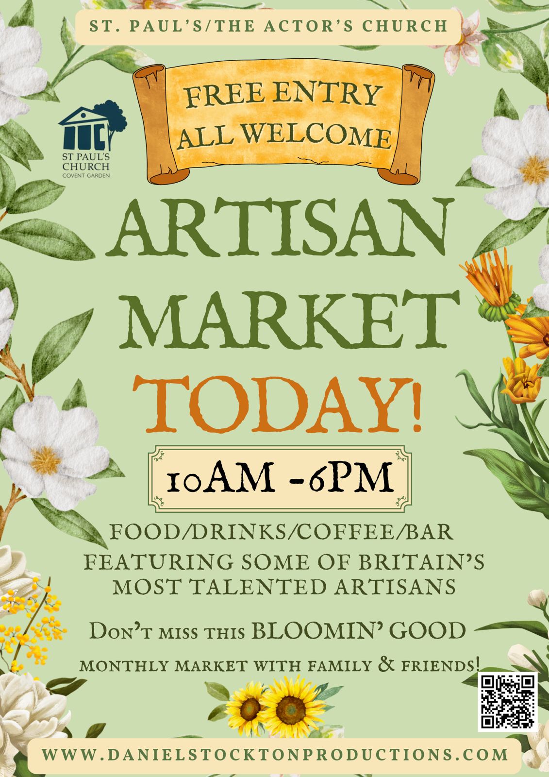 Promotional flyer for an Artisan Market at St. Paul's/The Actor's Church in summer 2026