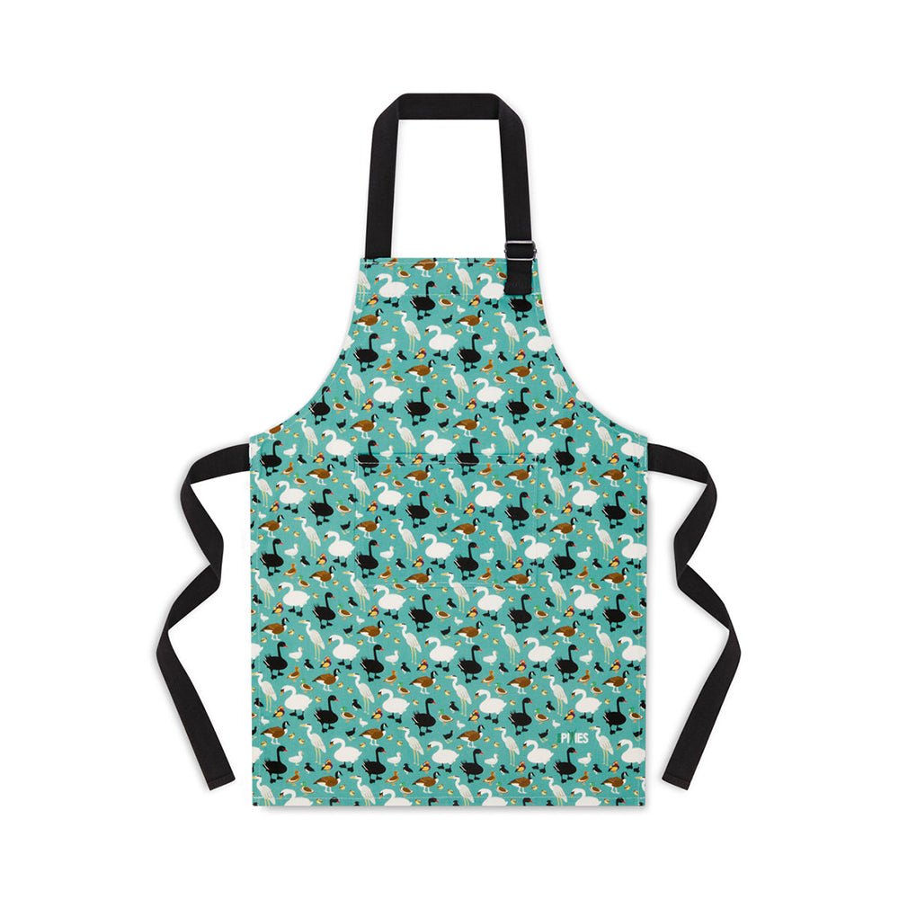 Ducks Design Organic Cotton Apron from UmmPixies. bright joyful illustrations of duckpond residents including geese, goslings, coots and herons