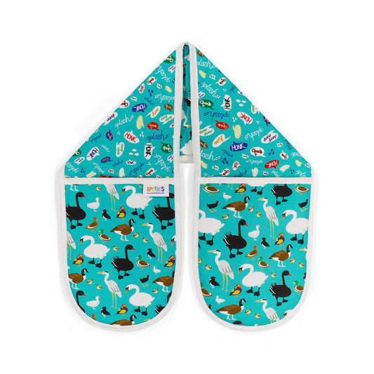 Brightly coloured Ducks and water fowl designs Oven Gloves in Organic Cotton, designed and made in Britain 