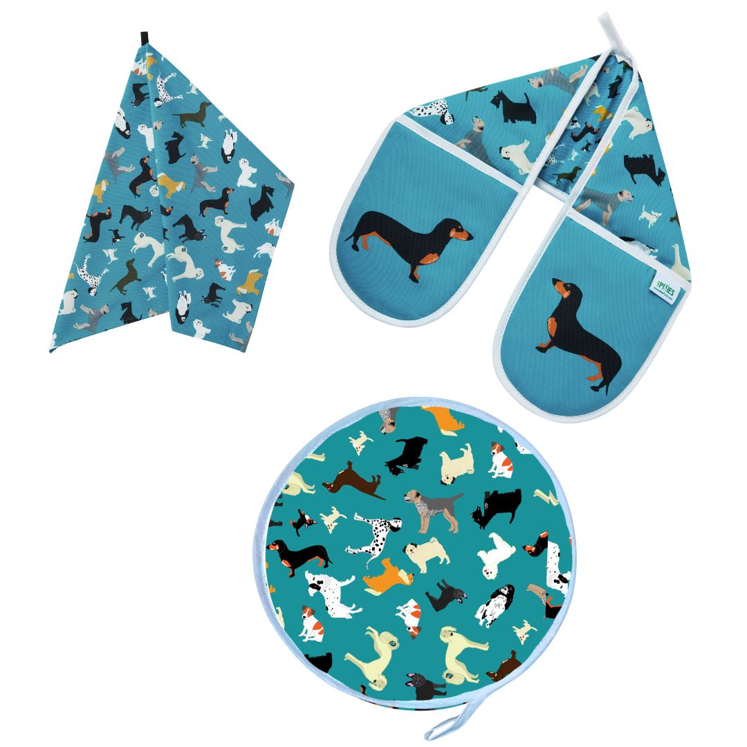 Aga Cover, Oven Gloves & Tea Towel Set: Dogs: Pre-order