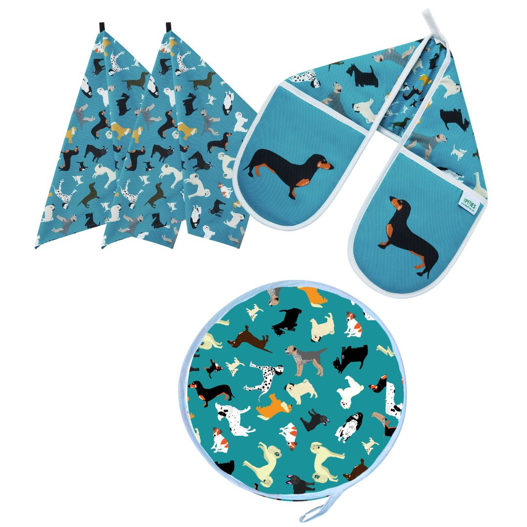 Aga Cover, Oven Gloves & Tea Towel Set: Dogs: Pre-order