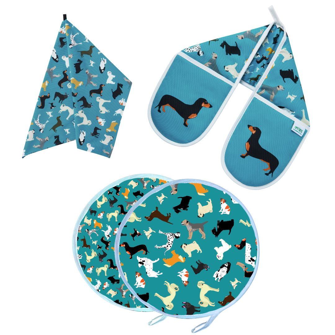 Aga Cover, Oven Gloves & Tea Towel Set: Dogs: Pre-order
