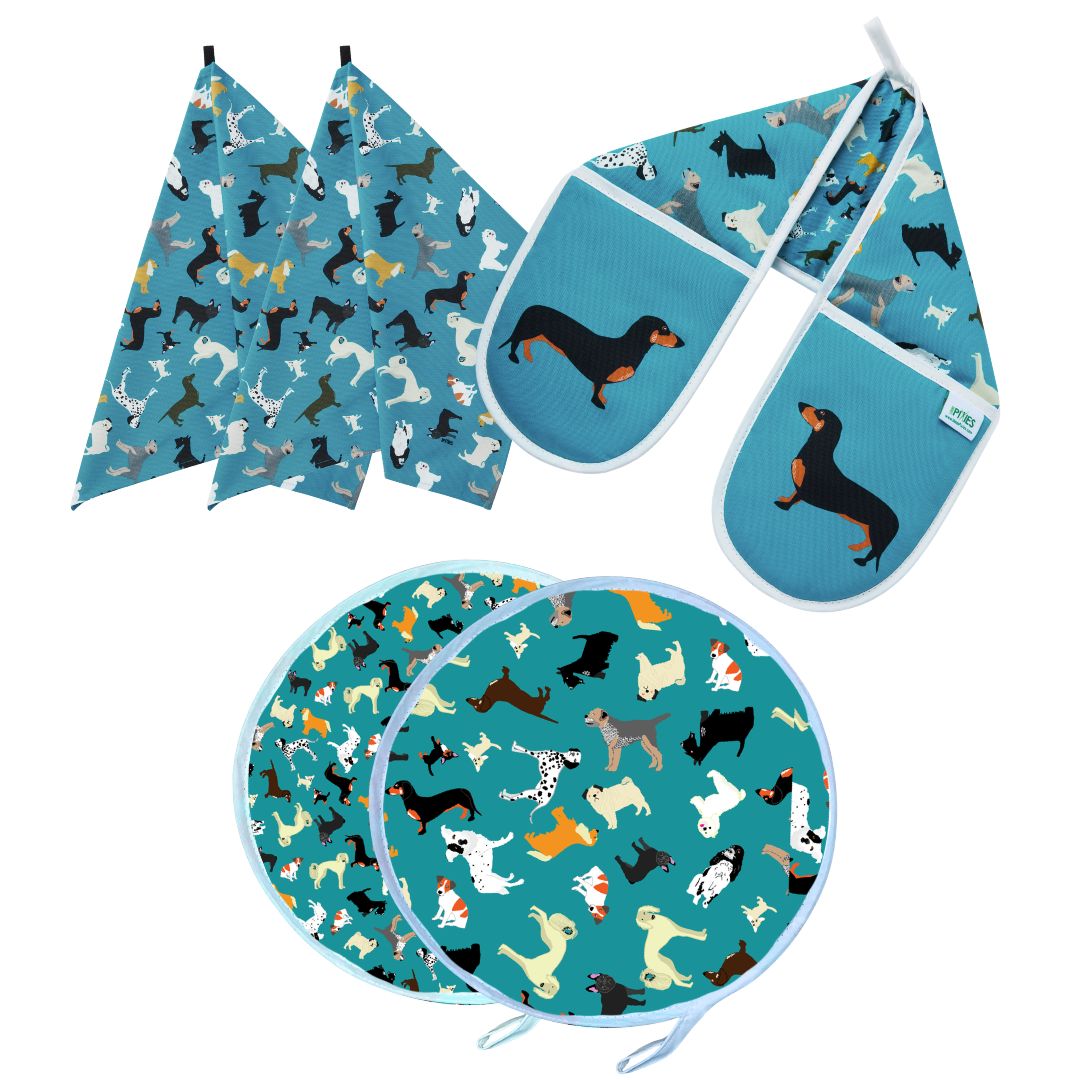 Aga Cover, Oven Gloves & Tea Towel Set: Dogs: Pre-order