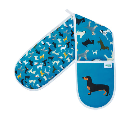 Oven mitt and pot holder with dog pattern on a blue background