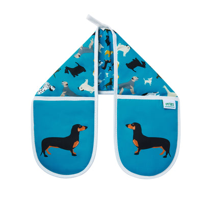 Oven mitt and pot holder with dachshund and other dogs  design on a petrol blue background