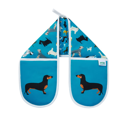 Oven mitt and pot holder with dachshund and other dogs  design on a petrol blue background