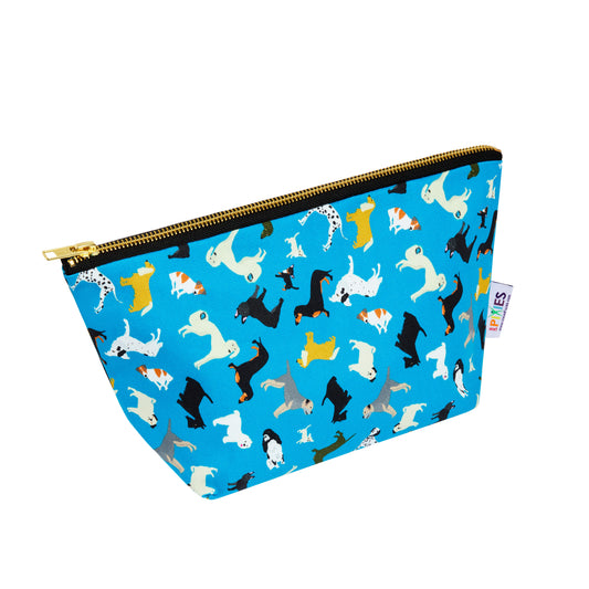 Zipped pouch with dog pattern on a blue background