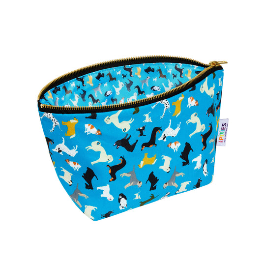 Blue pouch with dog pattern inside and out on a white background