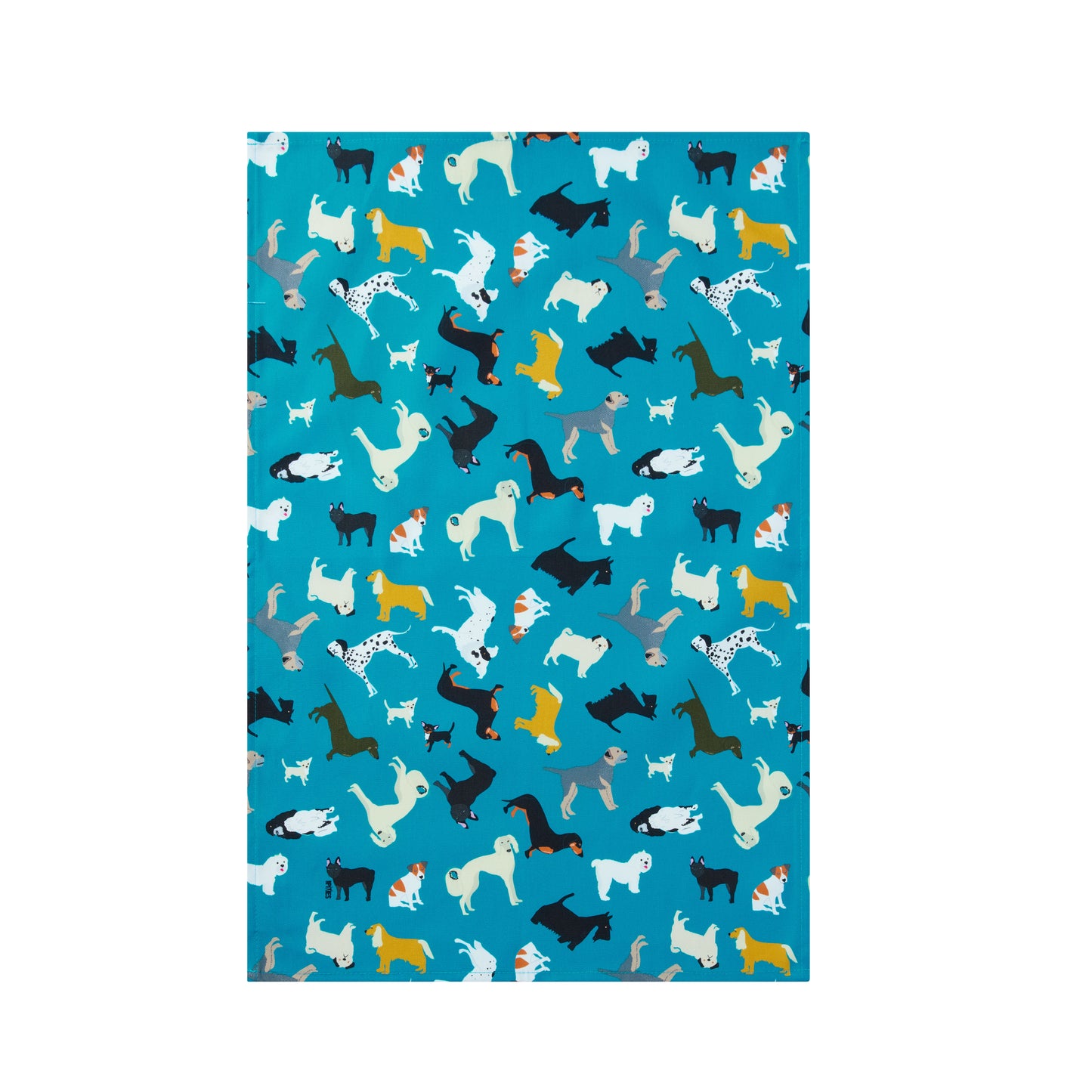 cotton teat towel with various dog illustrations on a petrol blue background