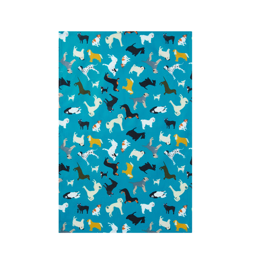cotton teat towel with various dog illustrations on a petrol blue background