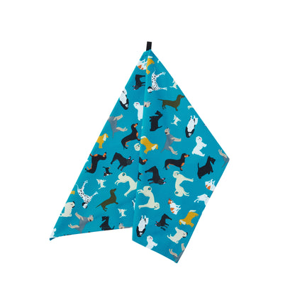 Teal tea towel with dog pattern on a white background