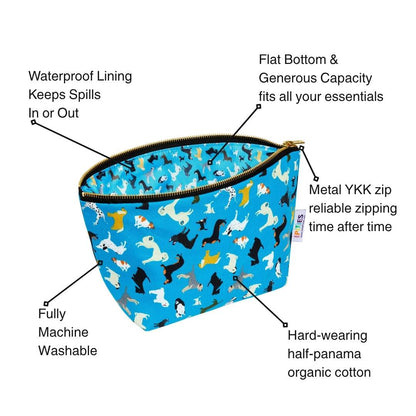 Teal pouch with dog pattern and features listed on a white background