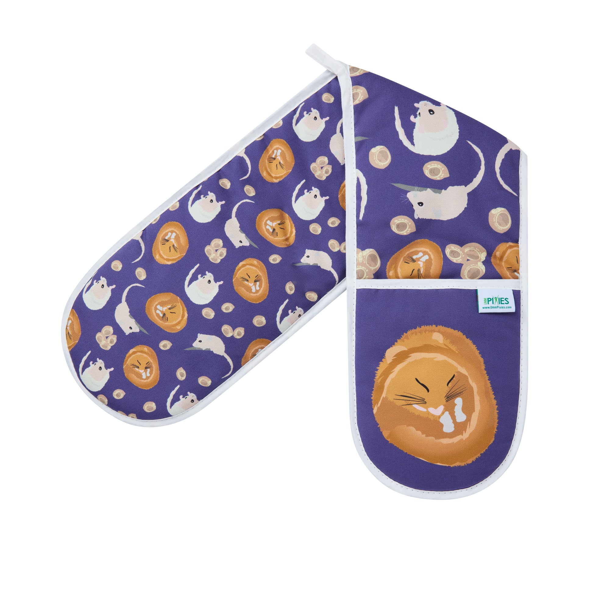 bright purple oven gloves with dormouse illustrations