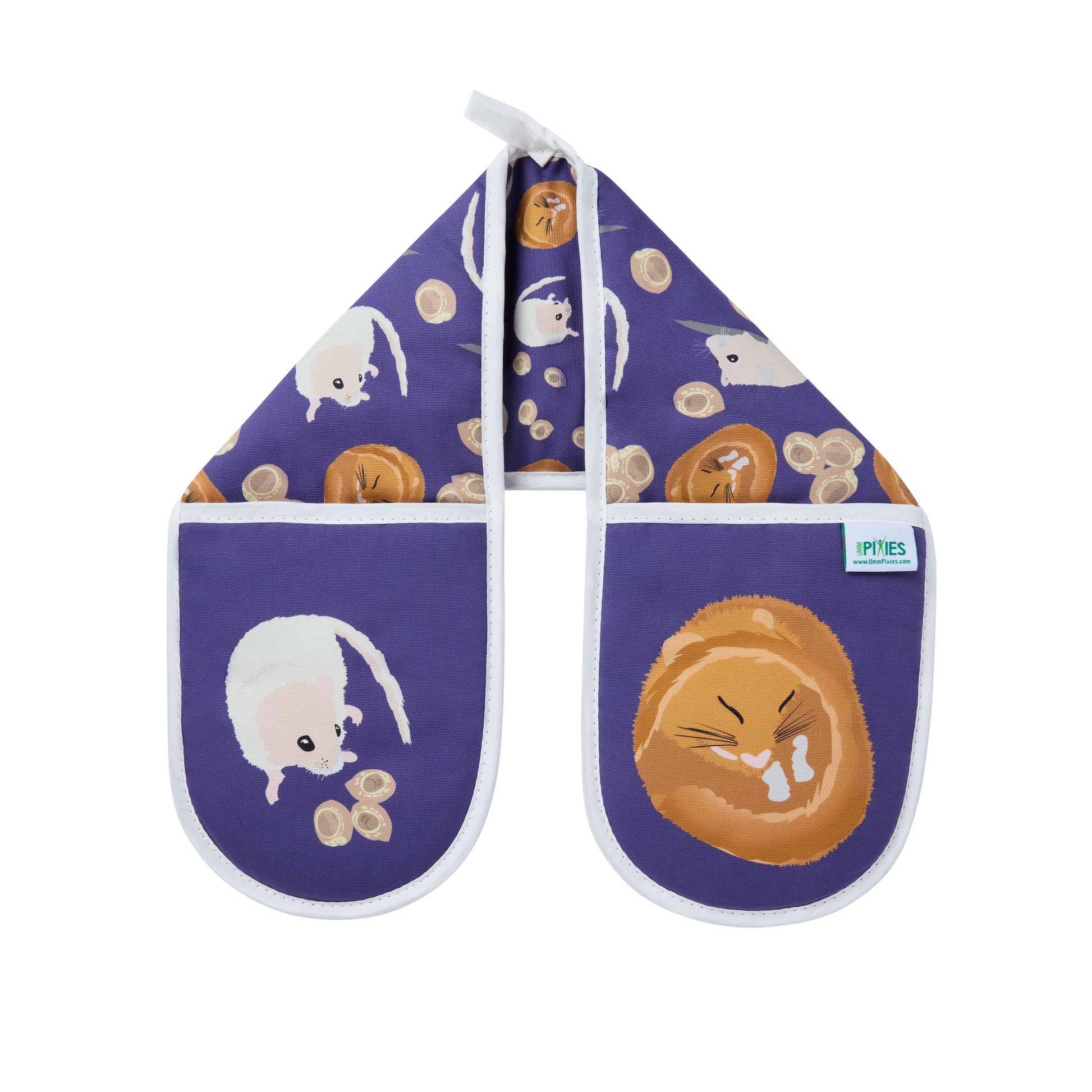Colourful  oven mitts with dormouse designs on a purple background