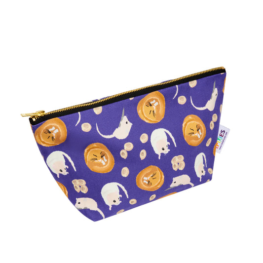 Purple pouch with dormouse pattern on a white background