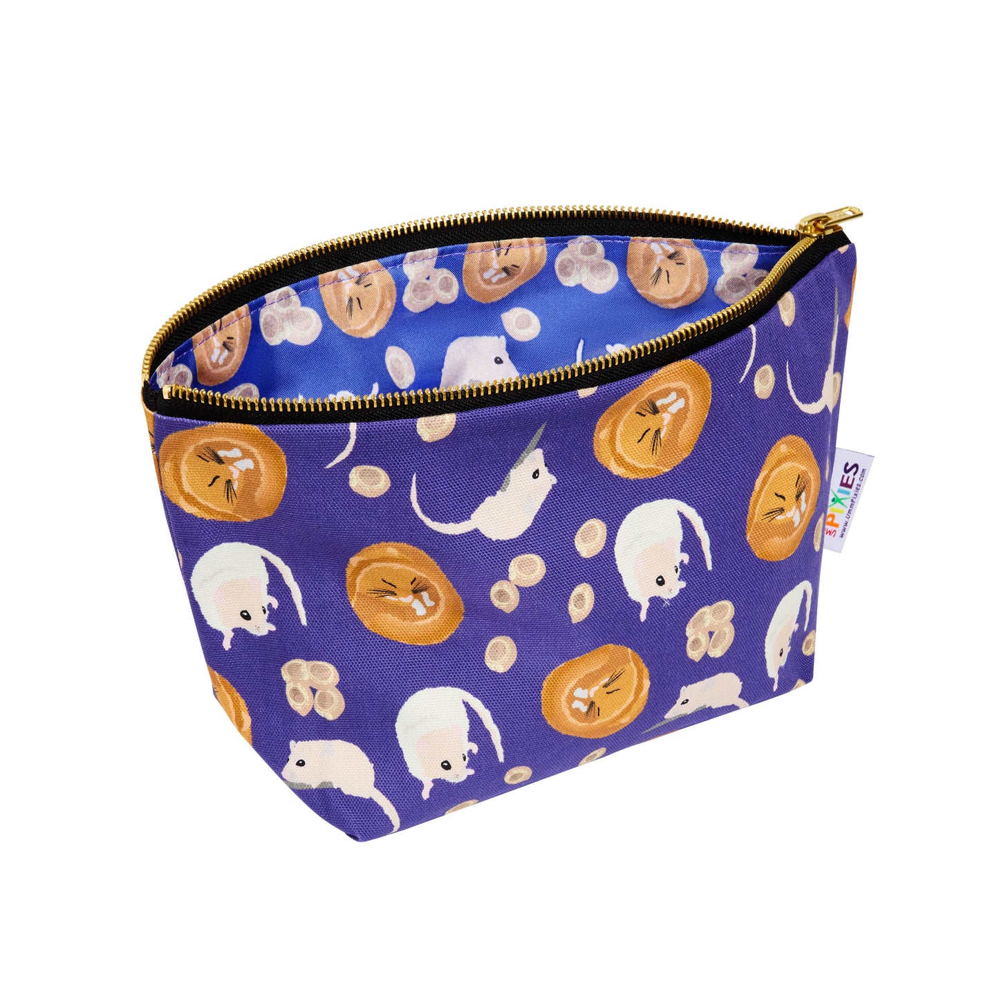 Purple zipped pouch with dormouse illustration inside and out