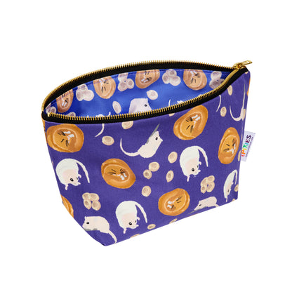 Purple zipped pouch with dormouse illustration inside and out
