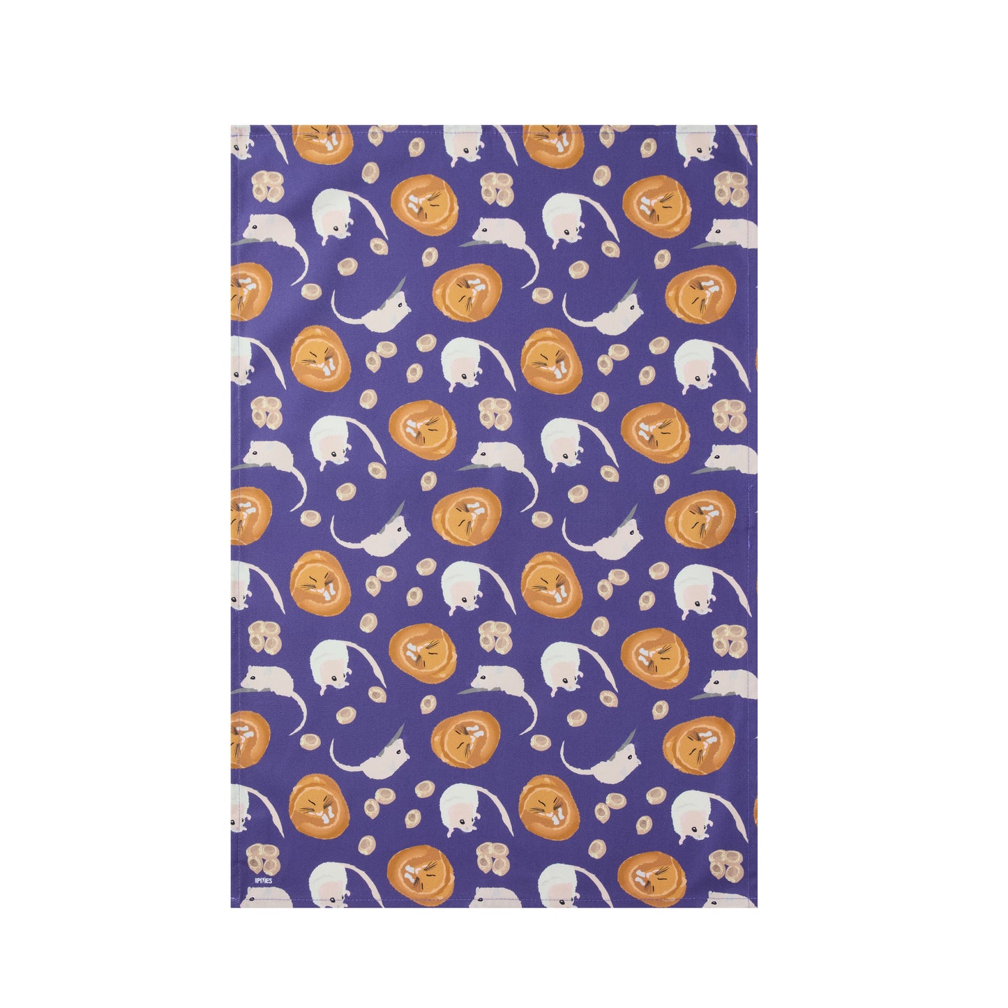 Patterned kitchen towel with dormouse illustrations on a purple background
