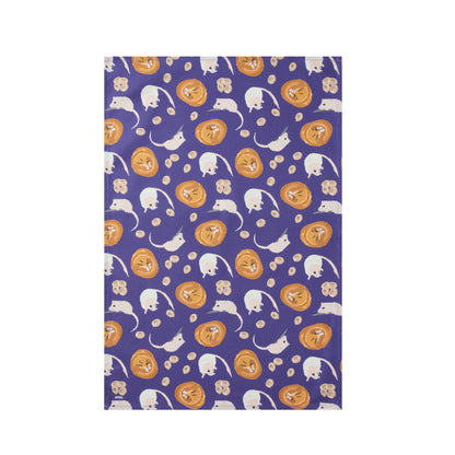 Patterned kitchen towel with dormouse illustrations on a purple background