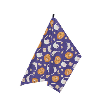 Colourful, purple, cotton tea towel with dormouse illustrations
