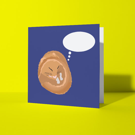 Purple greetings card with a sleeping dormouse illustration and thought bubble shown on a yellow background