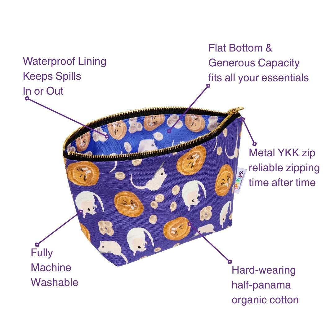 Purple pouch with hazel dormouse pattern and features listed on a white background