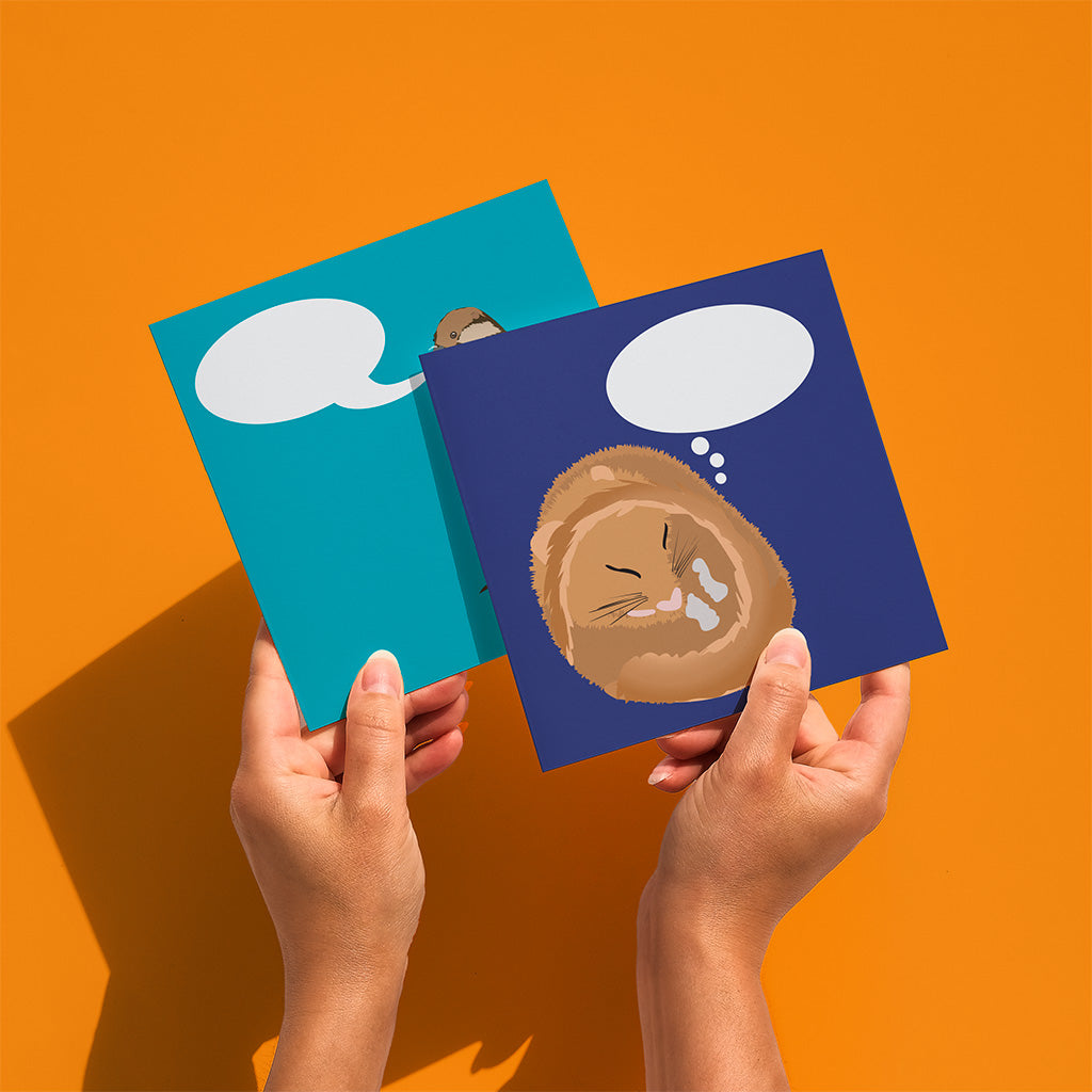 Hands holding 2 personalisable greetings card with wildlife illustrations