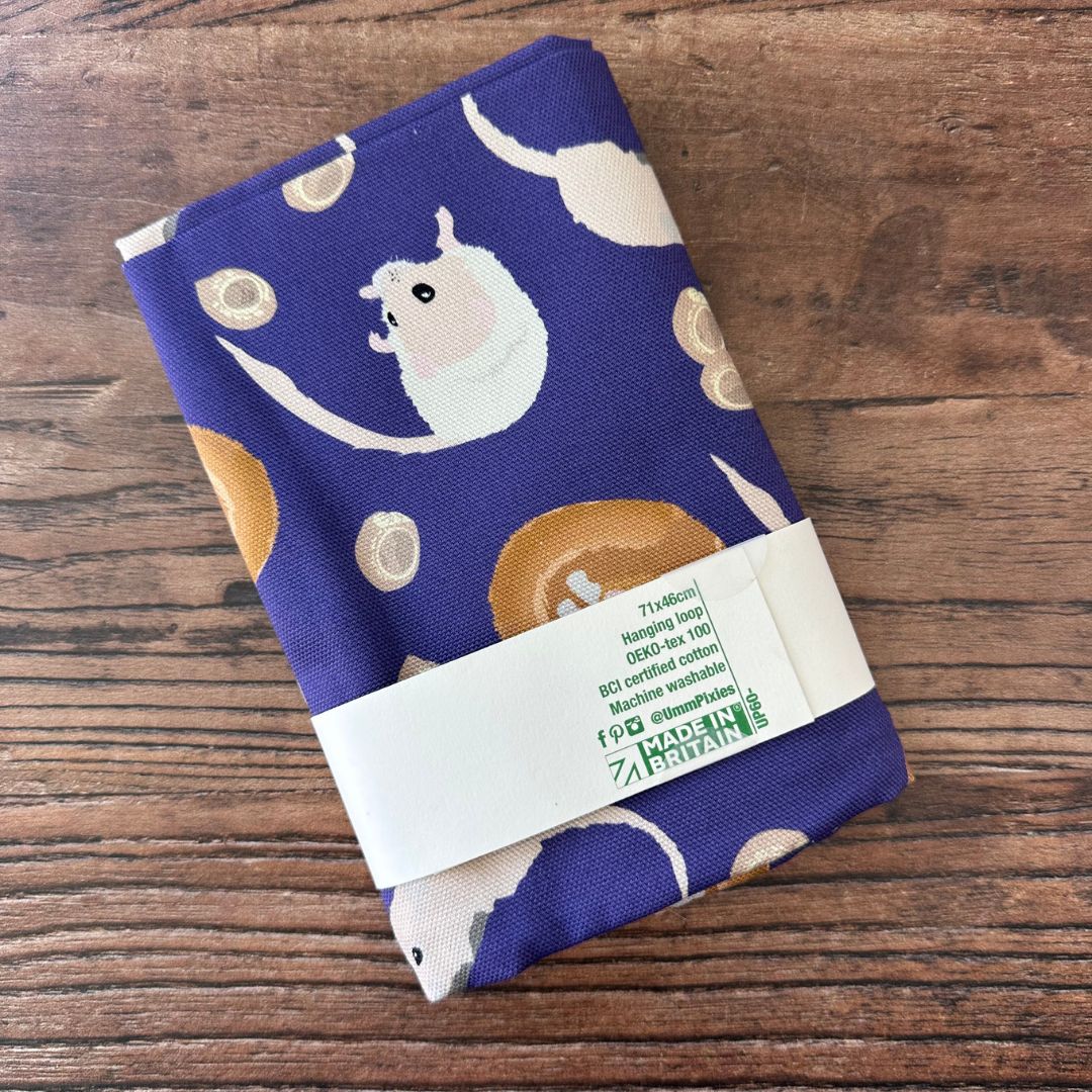 Purple hazel dormouse illustrated organic cotton tea towel