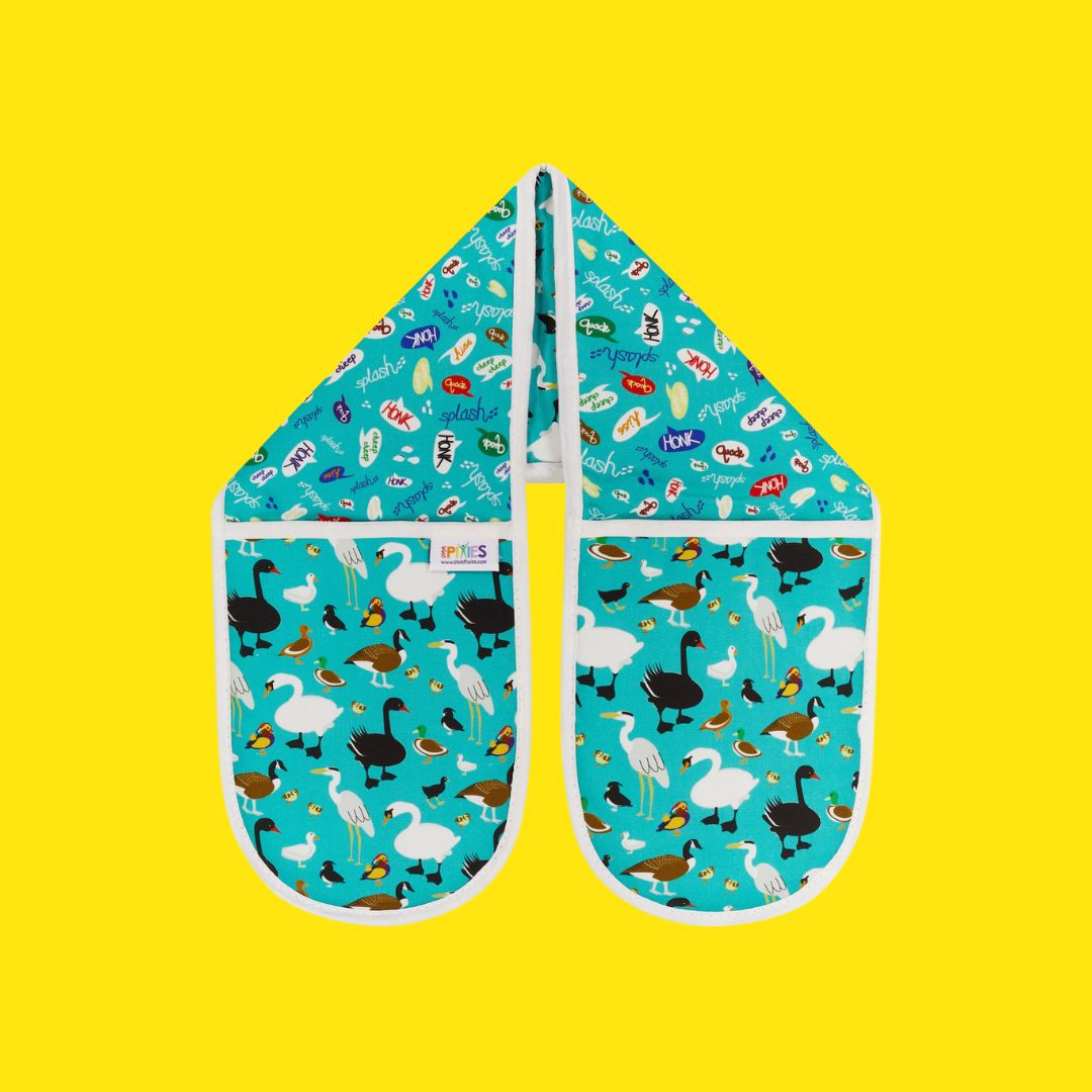Illustrations of my local Duck pond residents adorn these oven mitts