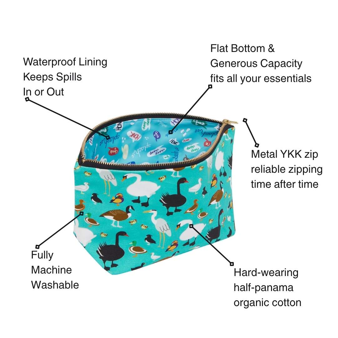 teal pouch with water birds pattern and features listed on a white background