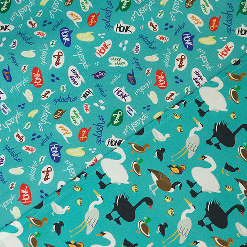 2 brightly coloured organic cotton tea towel featuring the sounds and residents of my local duckponds