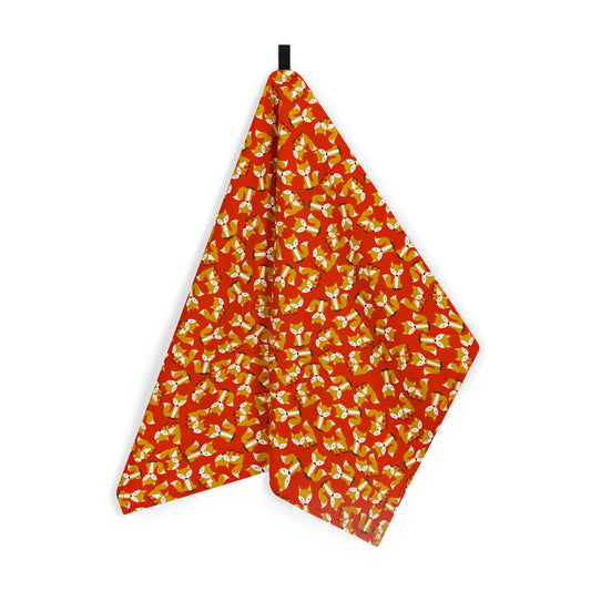 Red Scattered Foxes Tea Towel in organic Cotton from UmmPixies. Designed and made in the UK