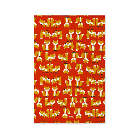 Red Fox Parade Tea Towel in organic Cotton from UmmPixies. Designed and made in the UK. shown laid flat on a plain white background