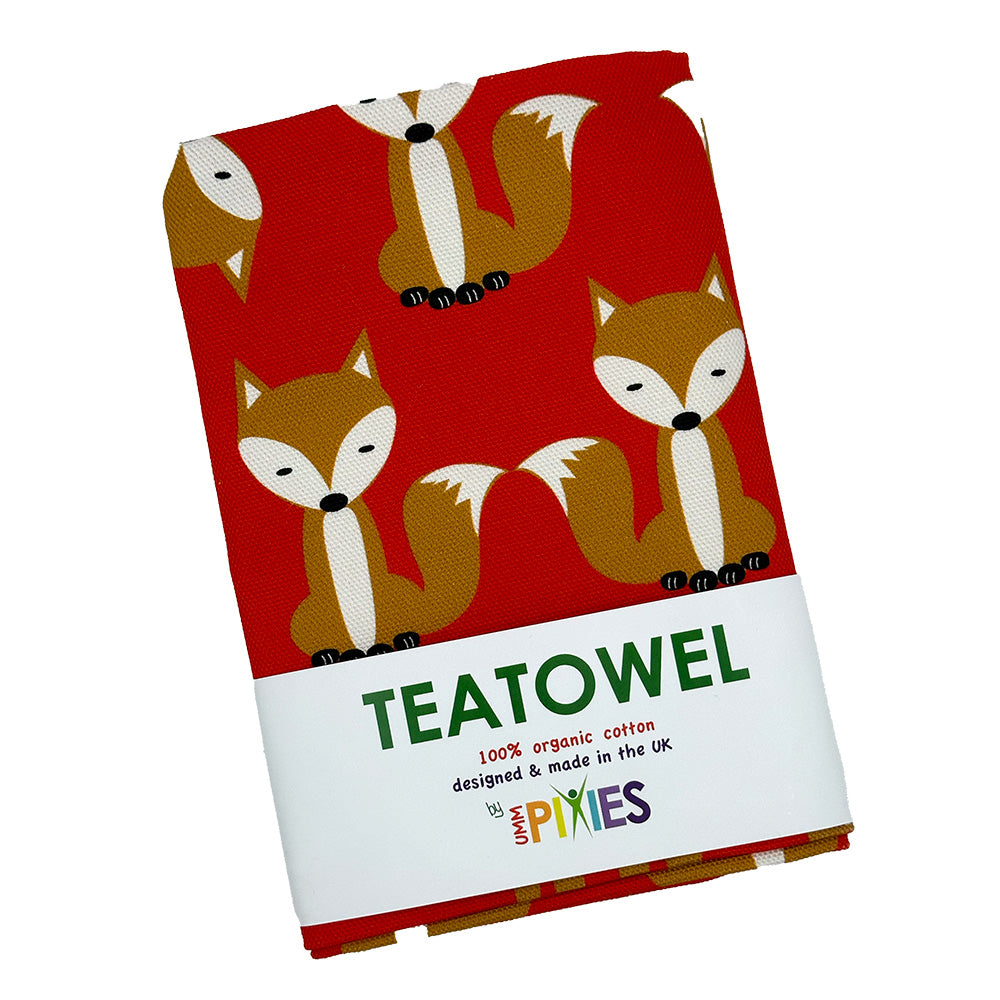 Fox parade red organic cotton  tea towel wrapped