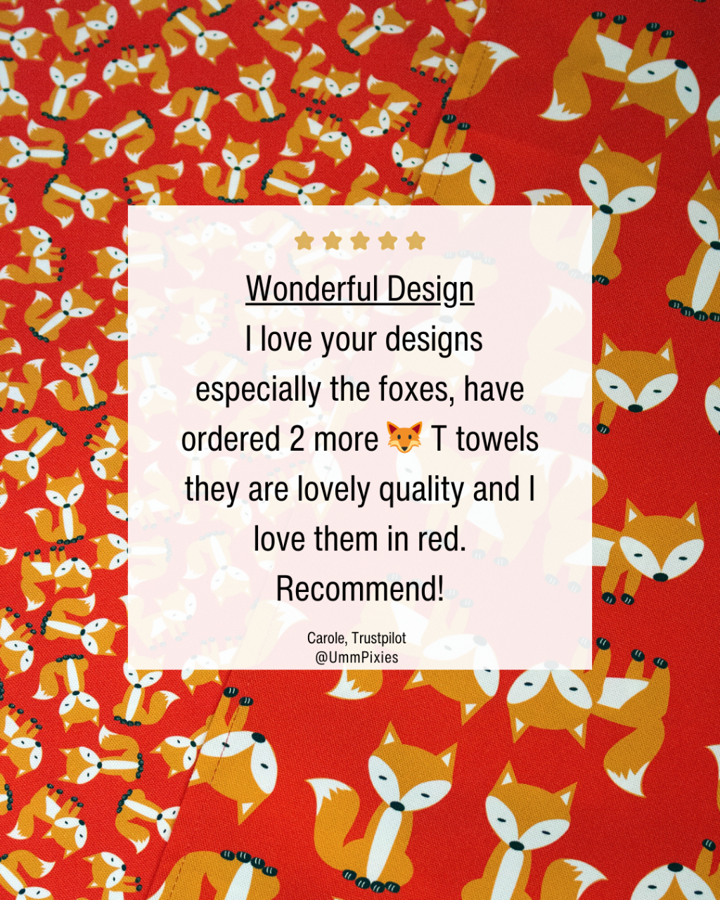 Red background with fox pattern and 5 star customer review 