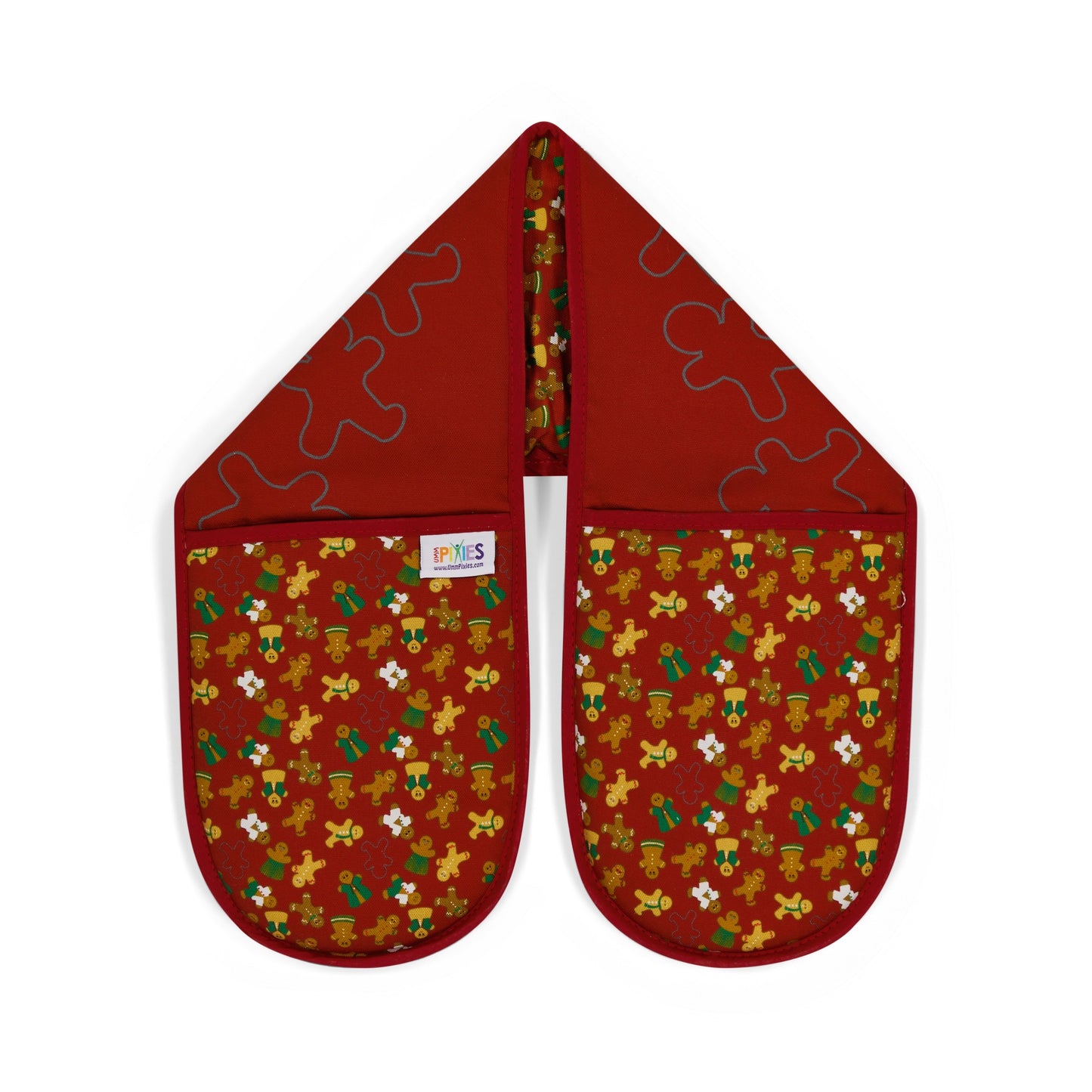 Burgundy organic cotton double oven mitts with UmmPixies' gingerbread folk design. shown on a plain white background.