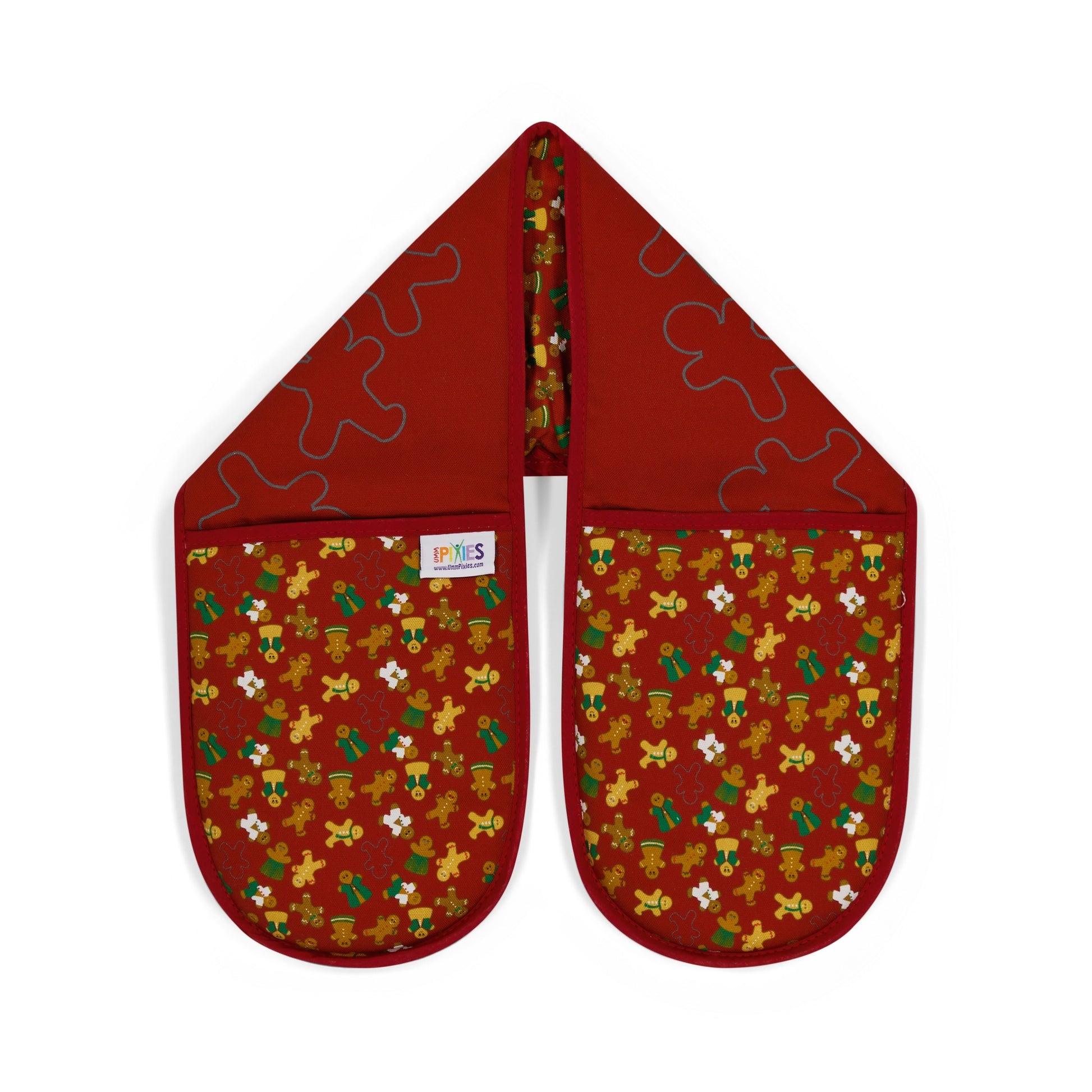 Burgundy organic cotton double oven mitts with UmmPixies' gingerbread folk design. shown on a plain white background.