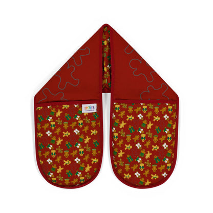 Burgundy organic cotton double oven mitts with UmmPixies' gingerbread folk design. shown on a plain white background.