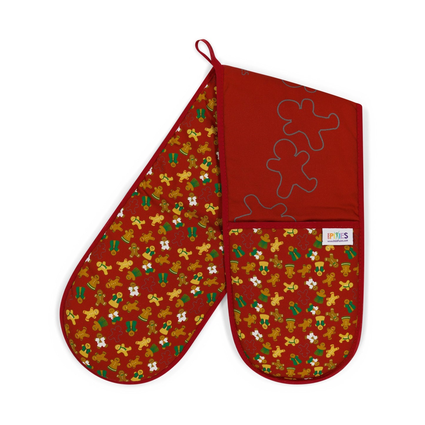 Burgundy organic cotton double oven mitts with UmmPixies' gingerbread folk design and handy hanging loop. shown on a plain white background.